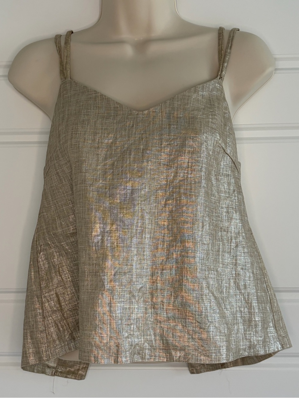 Zara Linen Taupe Shimmer Spaghetti Strap Tie Back Crop Top Size XS Night Out